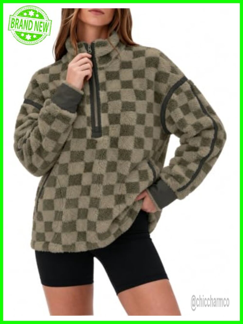 Sherpa Fleece Zip Pullover Checkerboard Half-Zip Stand Collar Relaxed Fit